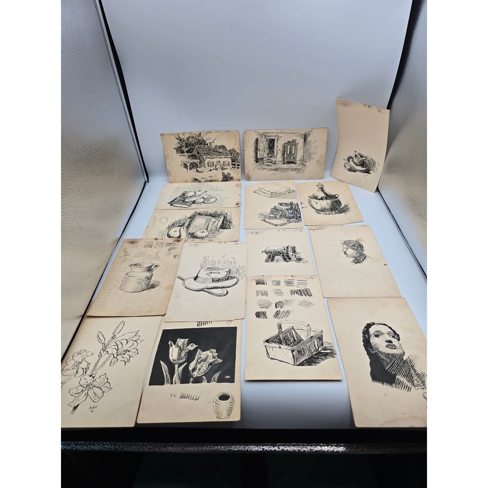 15 Vintage Original Ink Drawings Sketches Still Life Portrait
Home ,Hat, Book